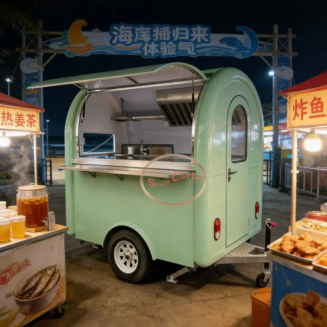 

Customizable Outdoor Food Cart Trailer Fiberglass Construction with Stainless Steel Counter Sink Hood for Catering Business