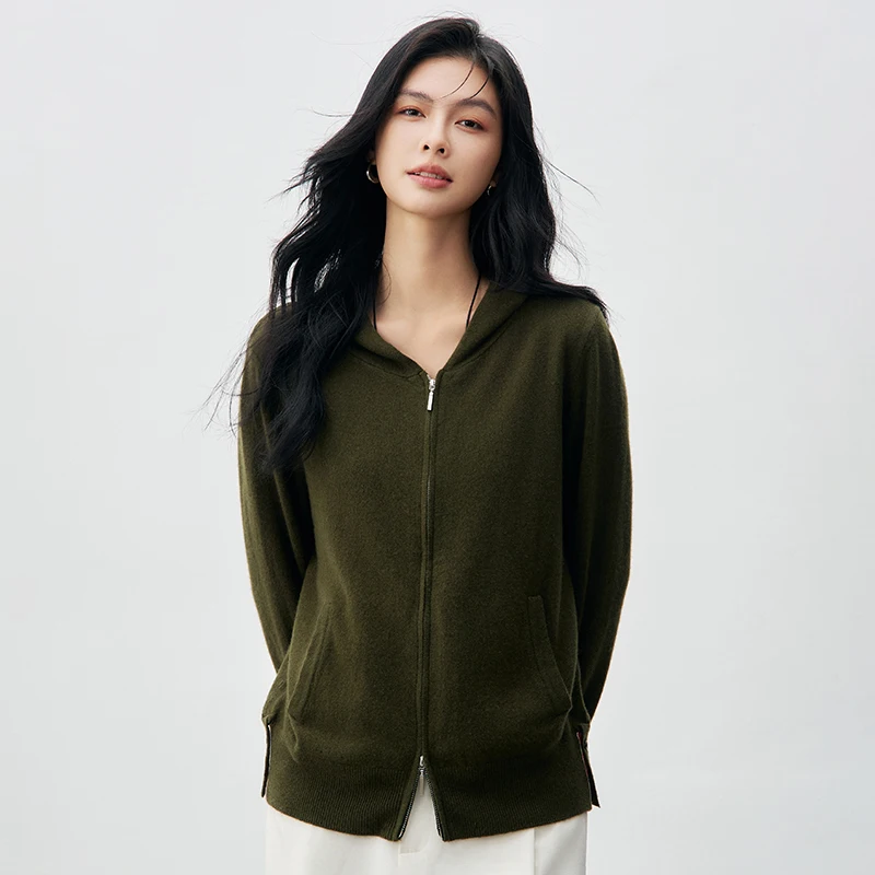 

Autumn women's Merino wool hooded cardigan zipper solid color knitted long sleeved sweater high-quality soft casual clothing top