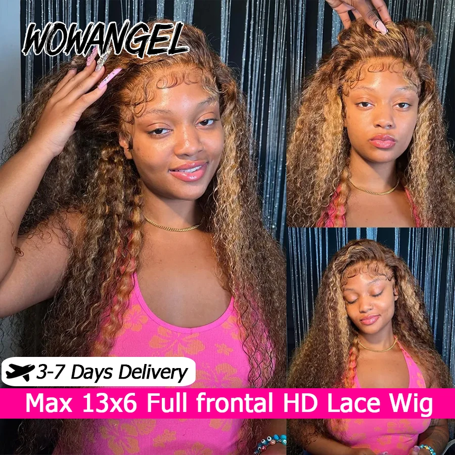 WOWANGEL 13x6 HD Kant Frontal Wig P4/27 Highlight Water Wave Haarwerk van Echt Haar Honingblond Gekleurd Krullend Haarwerk Voorgeplukt Voor Vrouwen