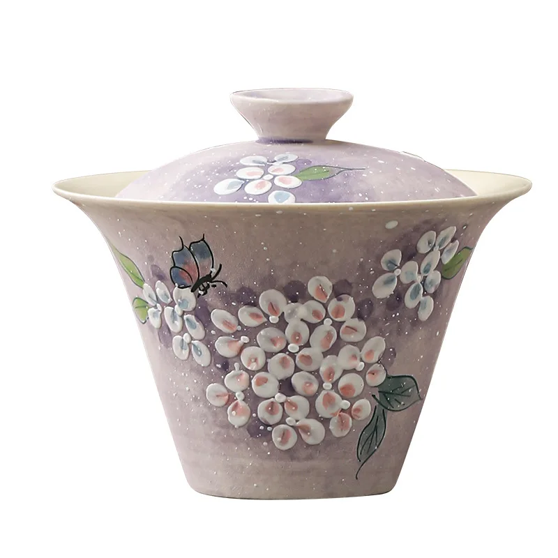 CX hand-painted hydrangea butterfly dance horseshoe cover bowl purple ceramic Ercai cover bowl