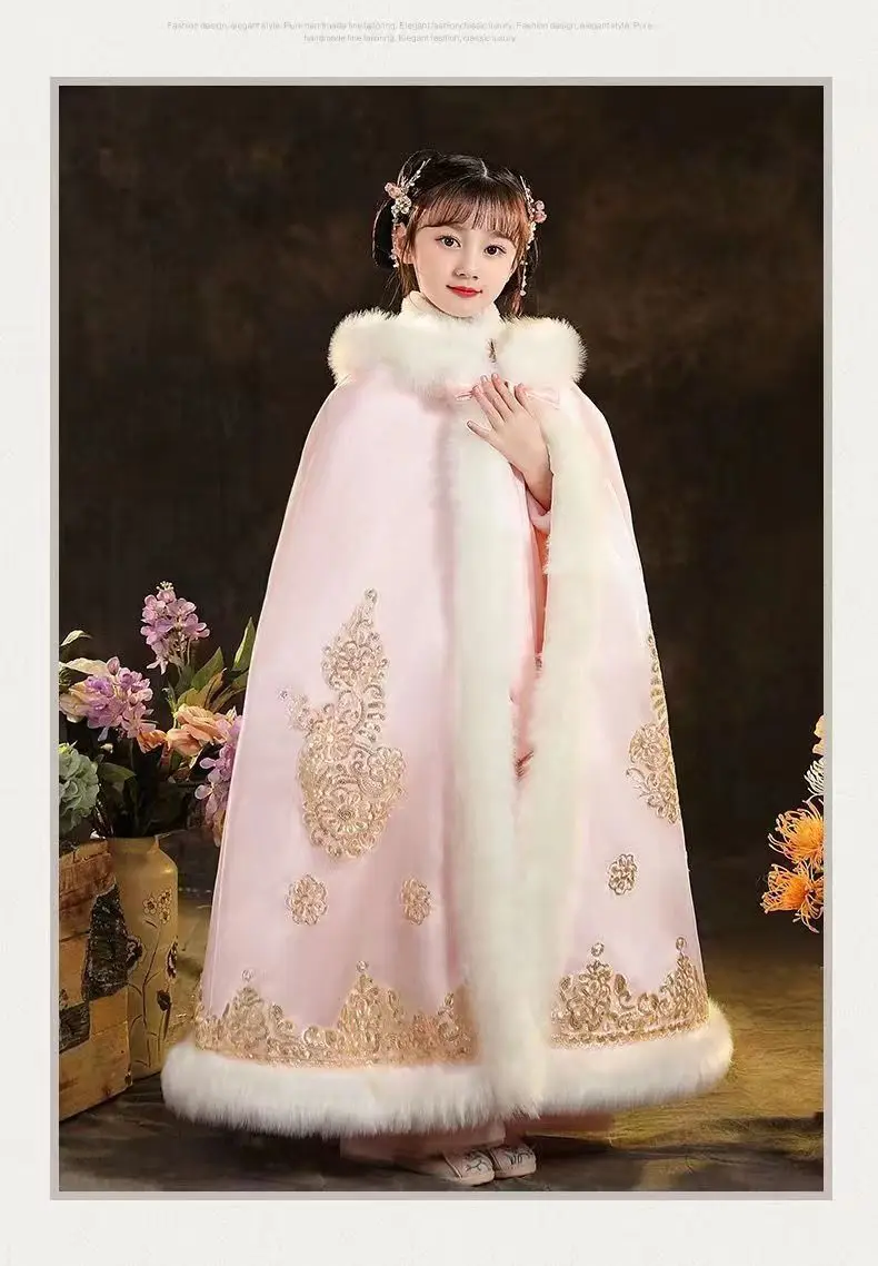 New Red Thick Coat Hanfu Cloak Autumn and Winter Windproof Cape Chinese Style Little Girl Floral Embroidery 3-12 yeas