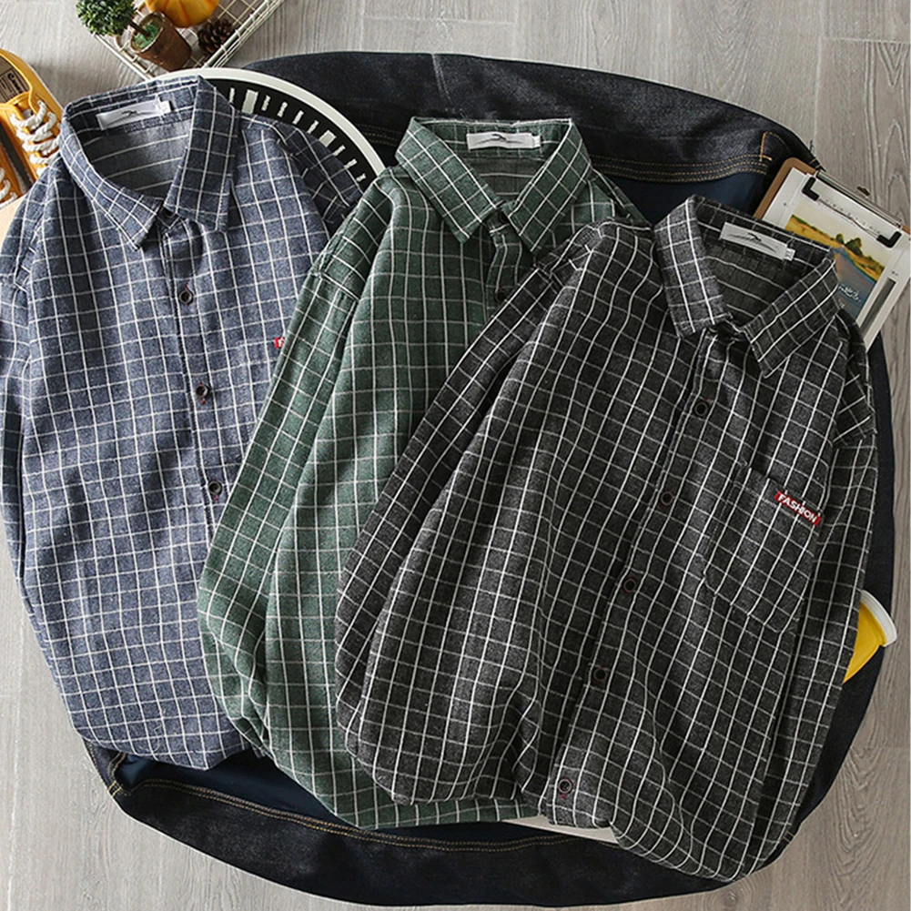 قميص رجالي طويل الأكمام منقوش بطية صدر ، قمم فضفاضة عارضة ، أزياء زوجين ، بيع التخليص ، الجملة ، انخفاض الشحن