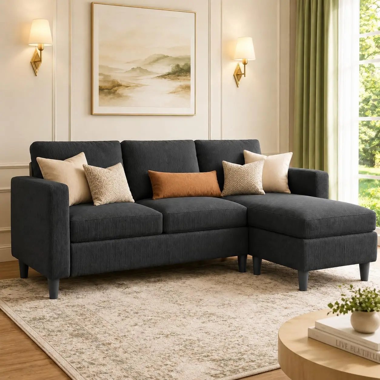 Reversible Ottoman, Tool-Free Assembly, Fits 24-Inch Doorway, High-Density Foam, Ribbed Fabric Couch, Customized