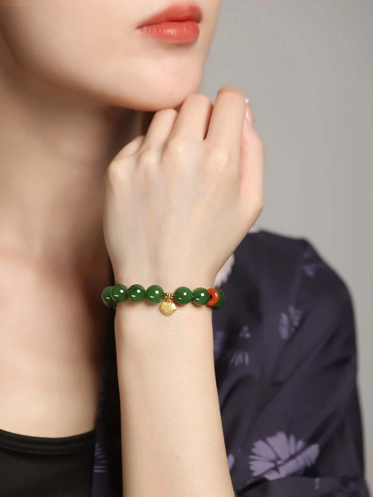 New Hetian Jade Spinach Green Jasper Girls, Summer Beaded Bracelet, Wealth-Attracting Jewelry
