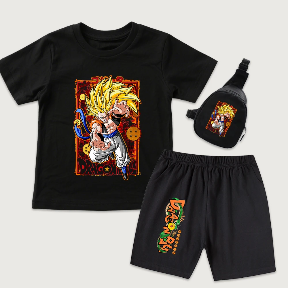 Dbz Gogeta Anime Print Kids Cotton T Shirt Shorts Set with Mini Chest Bag 3Pcs Set Boys Girls Casual Summer Outfit