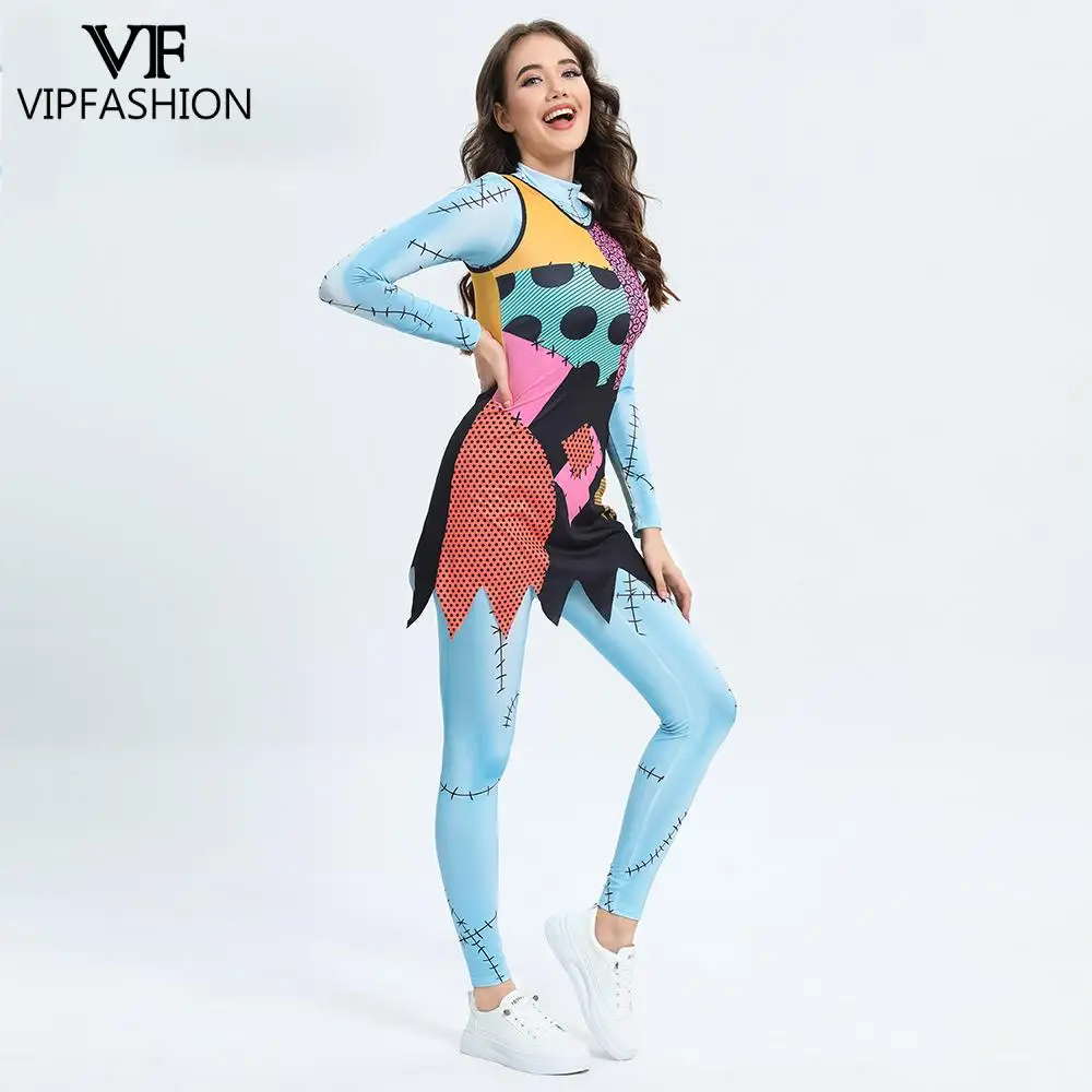 

VIP FASHION Woman Halloween Sally Dresses Fancy Cosplay Costume Patchwork Disguise Matching Suit Party Bodysuit Dress Leggings