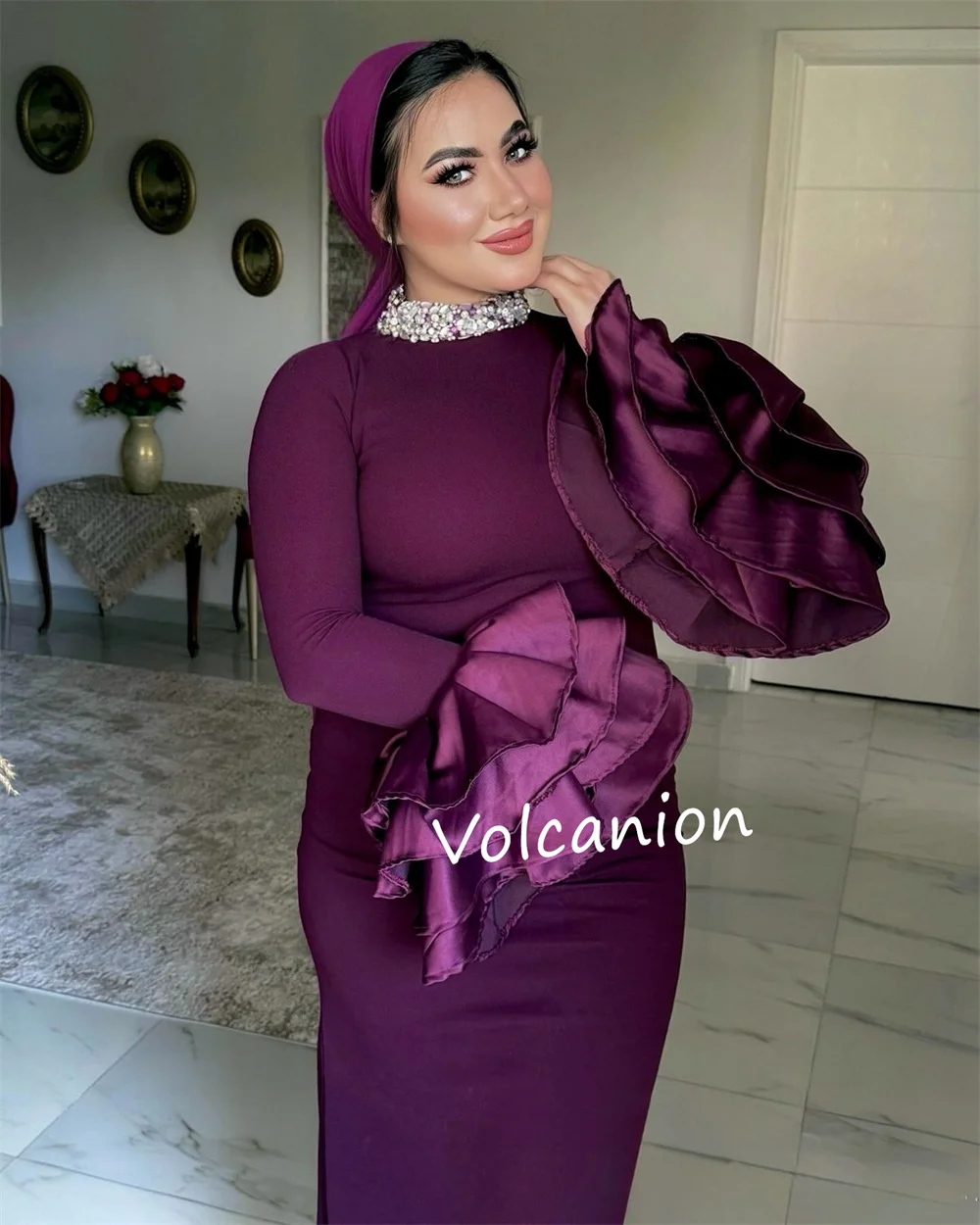 Jersey personalizado rebordear volante vaina cuello alto vestidos largos ocasión a medida fiesta de noche clásico Formal elegante