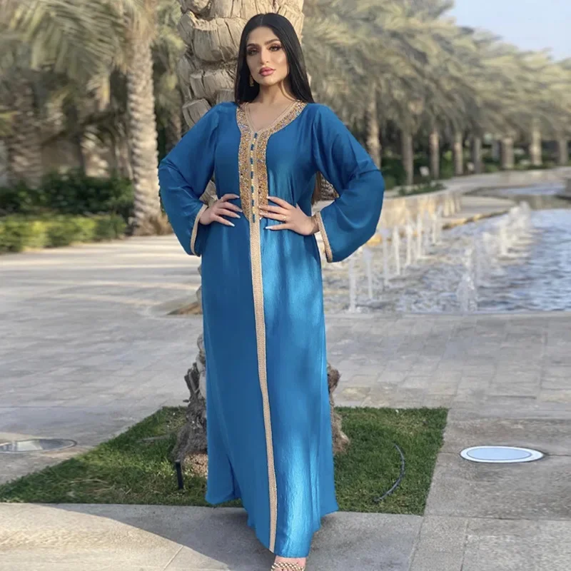 Middle East Satin  Dress with Rhinestones Ribbon Lace Abaya Dubai Muslim Fashion Long Robe Loose Maxi Dress