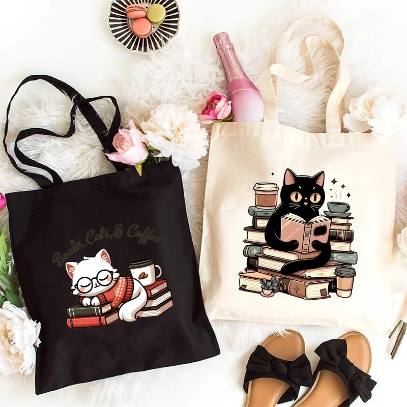 

Cat and Book Lover Print Shopping Bag Tote Handbag Shopper Recycle Bag Reusable Tote Black Cat Vintage Handbag Purse for Travel