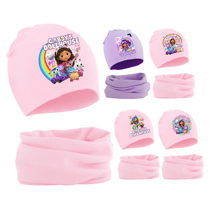 Gabby dollhouses menina bebê chapéu cachecol anime bonito outono inverno quente algodão confortável criança gorro crianças malha boné colarinho 2 peças conjunto