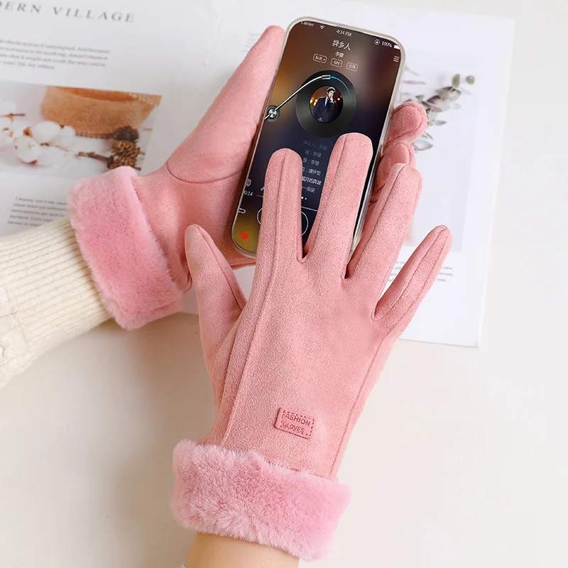 

Women Fur Gloves Winter Warm Inside Touch Screen Finger Windproof Gants Glove for Driving with Cat and Dog Design Cute Glove