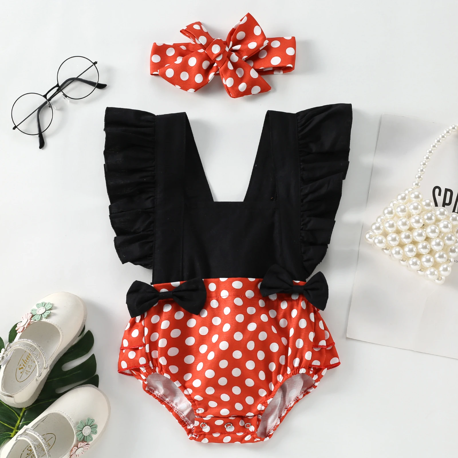 Infant Baby Girls Romper Color Contrast Polka Dot Patchwork Ruffle Bowknot Bodysuit+Headband 0-24M