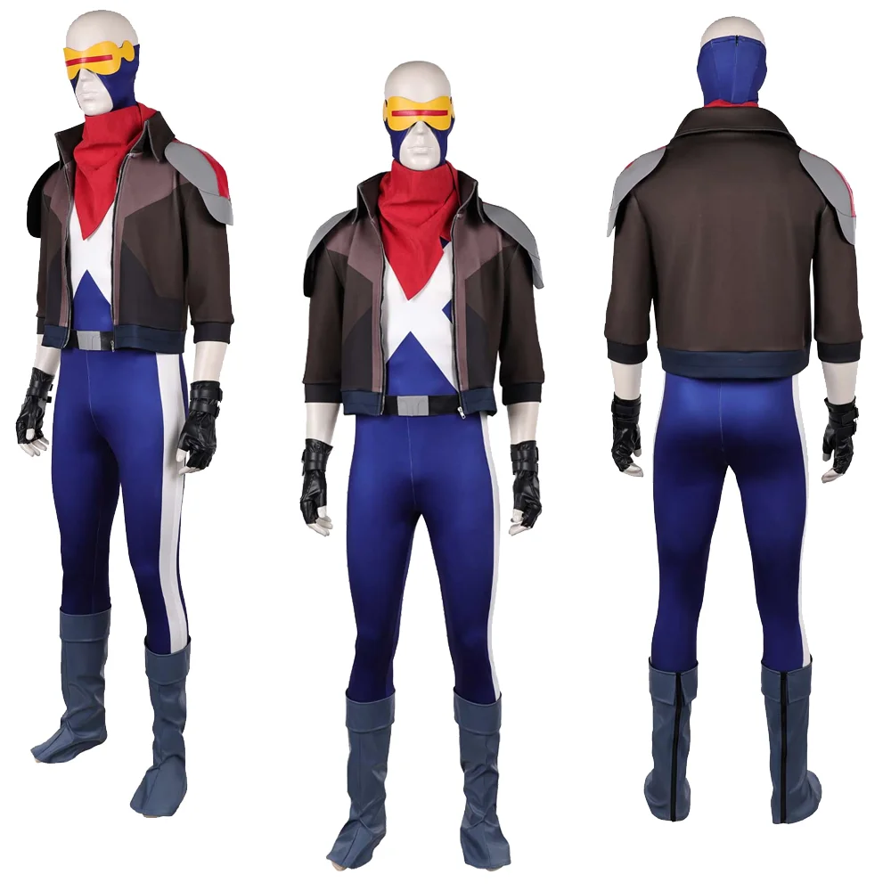 Disfraz de Cosplay de Scott Summers, Chaqueta Corta, Body, Máscara, Bufanda, Guantes, Cubrebotas, Disfraz de Superhéroe para Halloween y Carnaval
