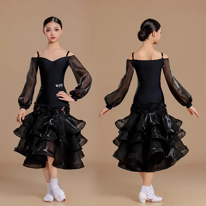 

Chiffon Modern Dance Dress Kids Girls Professional Standard Dancewear Bodysuit and Swing Skirt Performance Practice Costume