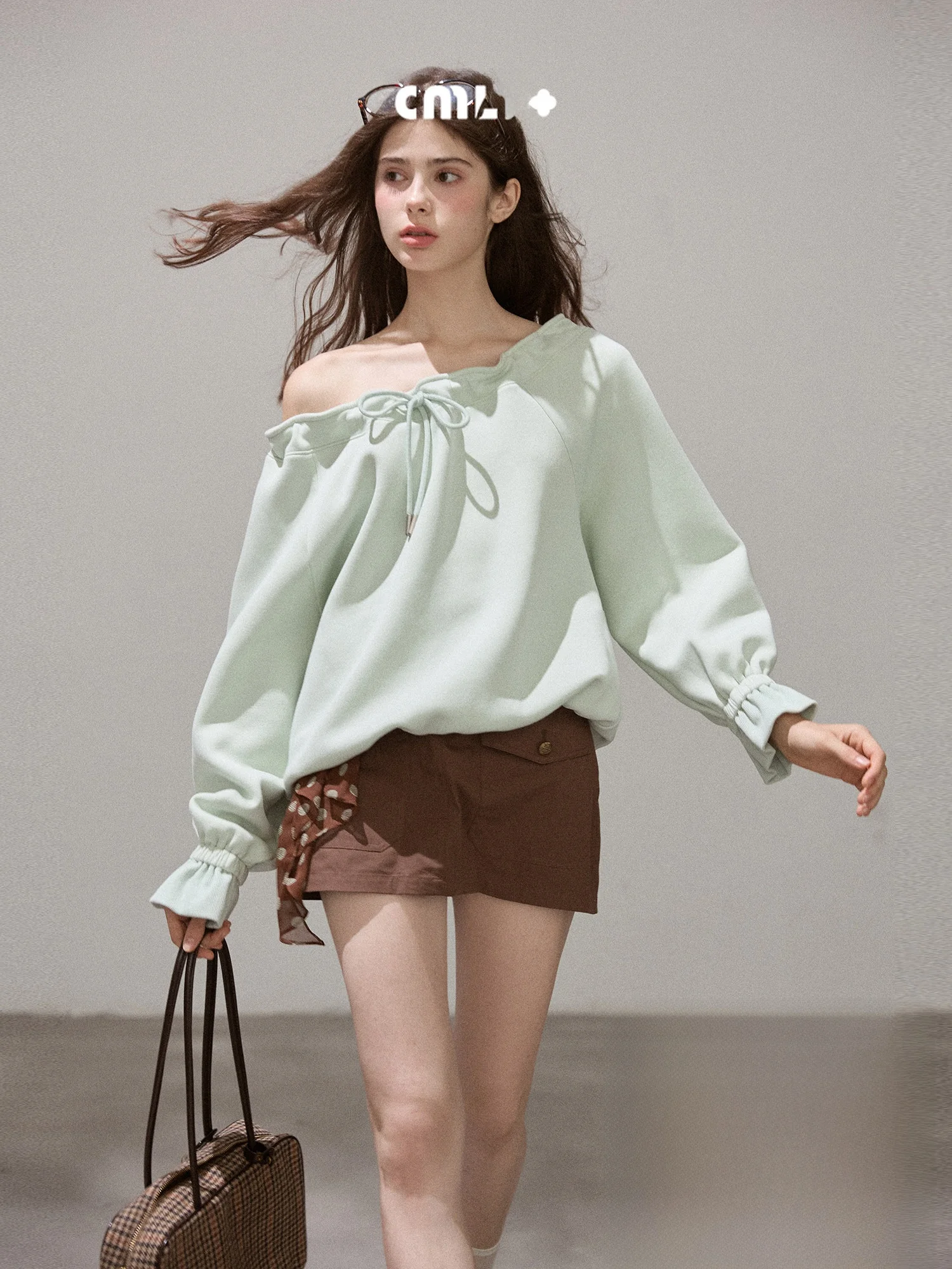 

Loose Fit Dstring Hoodie Women's Cotton Sweatirt oulder Bared Side Collar Design Comfortable Casual Long Sve Top