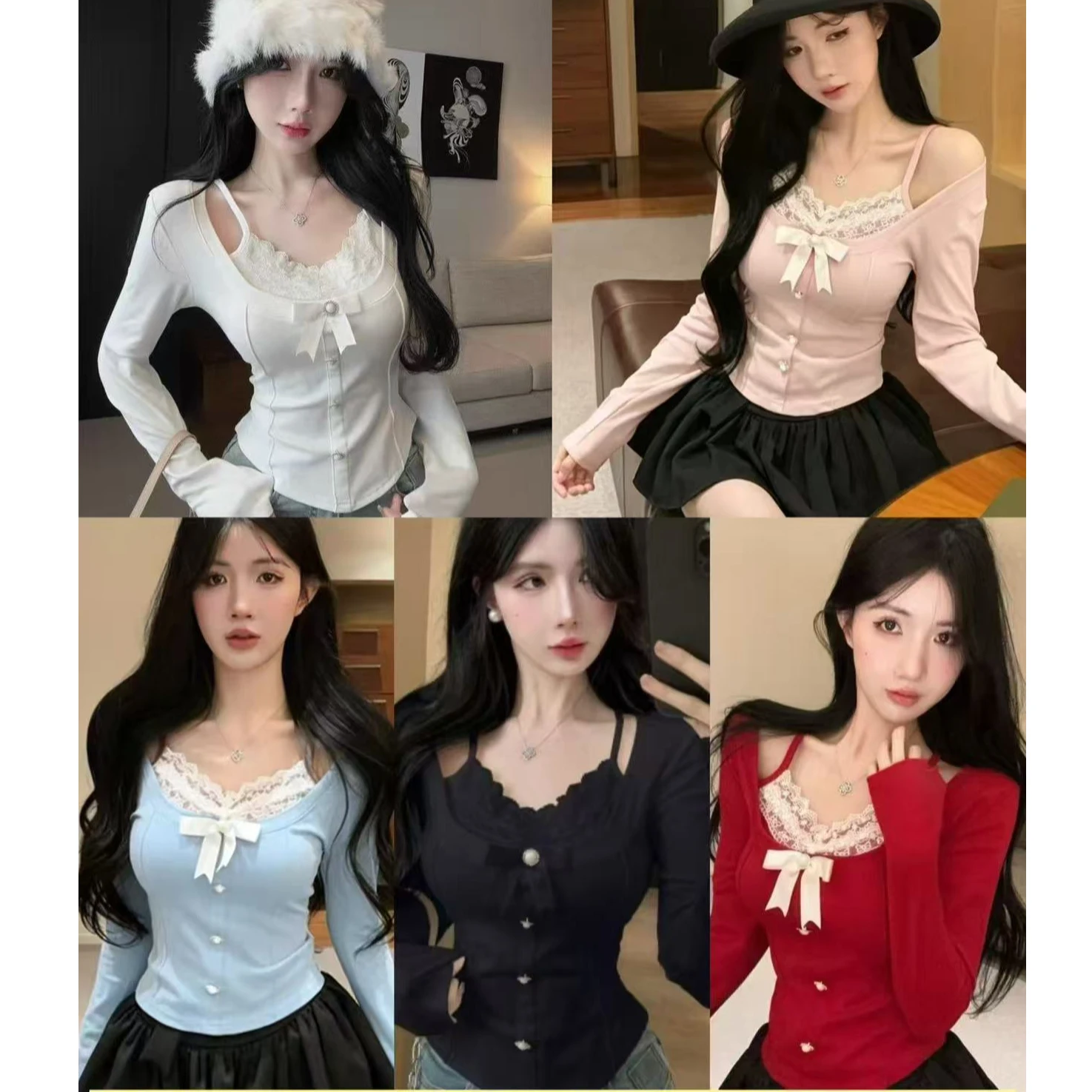 Sexy Retro Spicy Girl Long Sleeve T-Shirt with Chest Pad  Knot Lace Base Top Fake Two-Piece Autumn Winter Women's Fa...