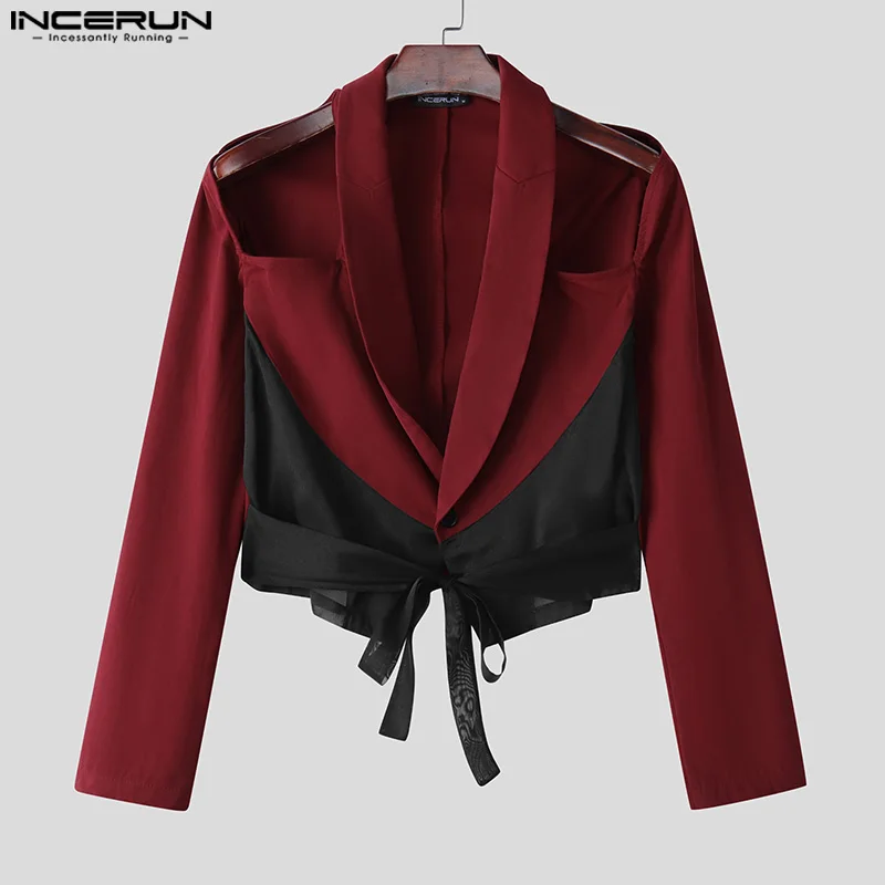 INCERUN Tops 2025 American Style Fashion Men's Hollow Patchwork Lace Design Suit Casual Personality Cropped Long Sleeved Blazer