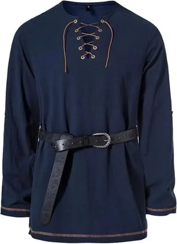 Mittelalterliches Schnürhemd für Herren mit Gürtel, langärmelig, Vintage-Piraten-Wikinger-Oberteil, Halloween-Cosplay-Kostüm, lässige Bluse – Detail 3