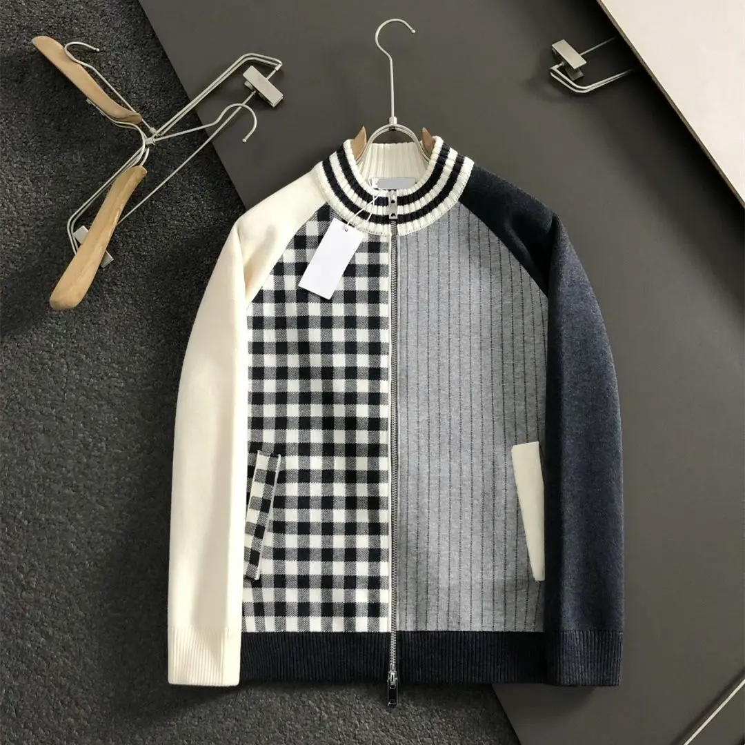 Cárdigan de punto de marca a la moda para otoño e invierno, suéter a cuadros a juego con cremallera para hombre, chaqueta, jersey de béisbol para hombre