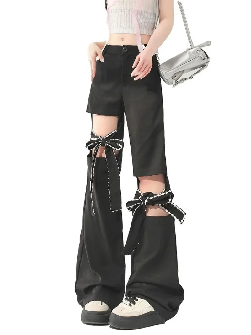 Kawaii Bow Black Hollow Out Loose Summer Pants Women American Wide Leg Sweet Preppy Style Y2k Flare Pant Hole Ankle Length