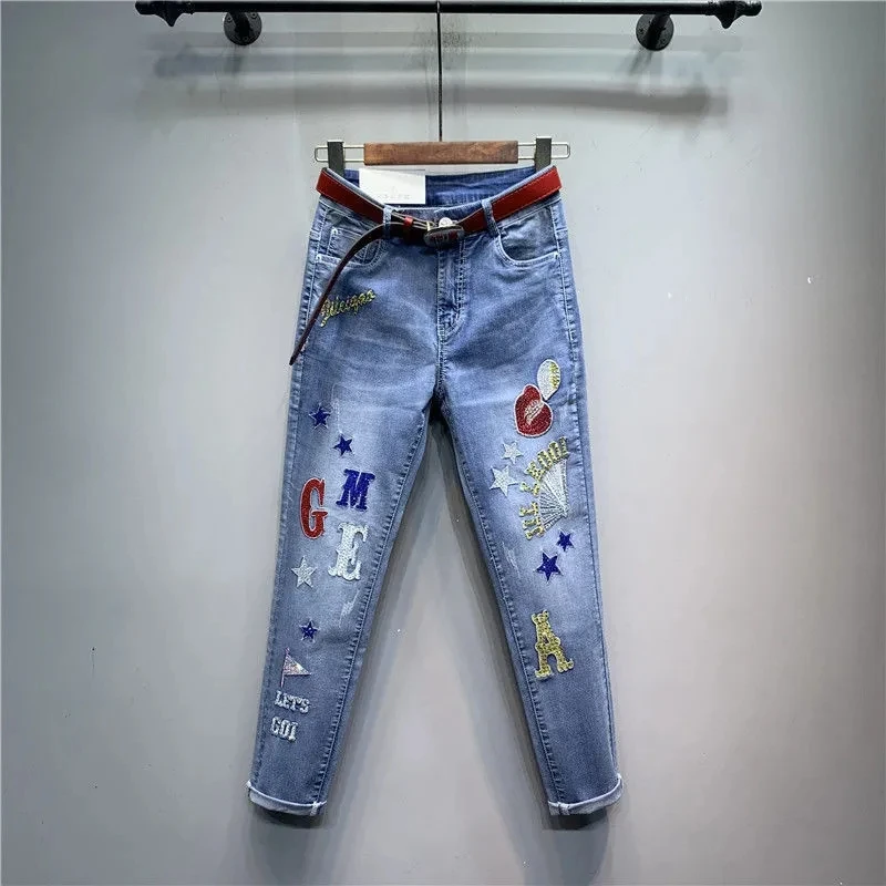 

Streetwear Women Vintage Diamonds High Waisted Jeans Embroidery Letters Denim Pencil Pant Trouser Ripped Safari Jeans Pantalones