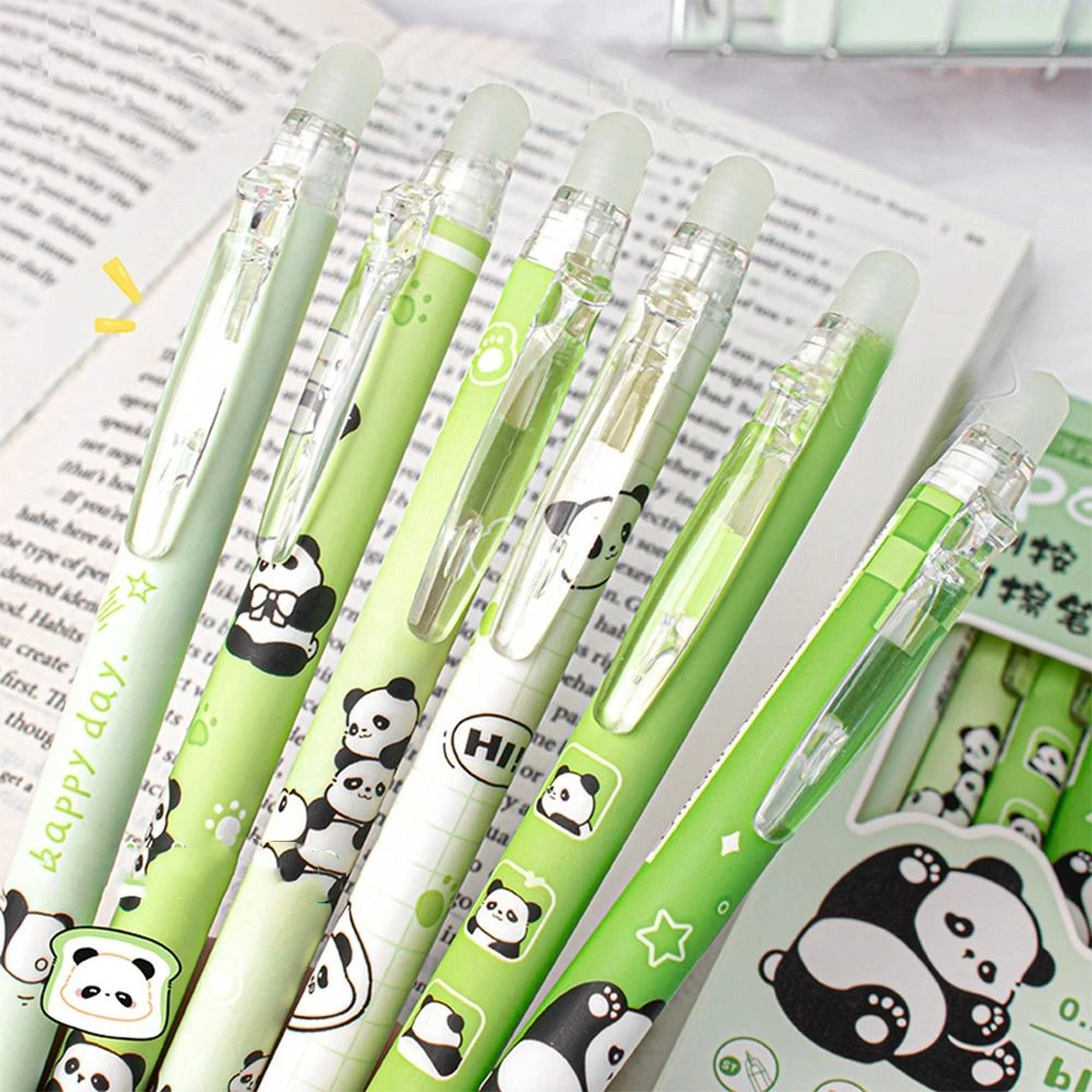 6 Pcs/Box Cute Panda Erasable Pen Cartoon Pattern Thermal Eraser Pen Writing Blue Ink 0.5mm Office Supply