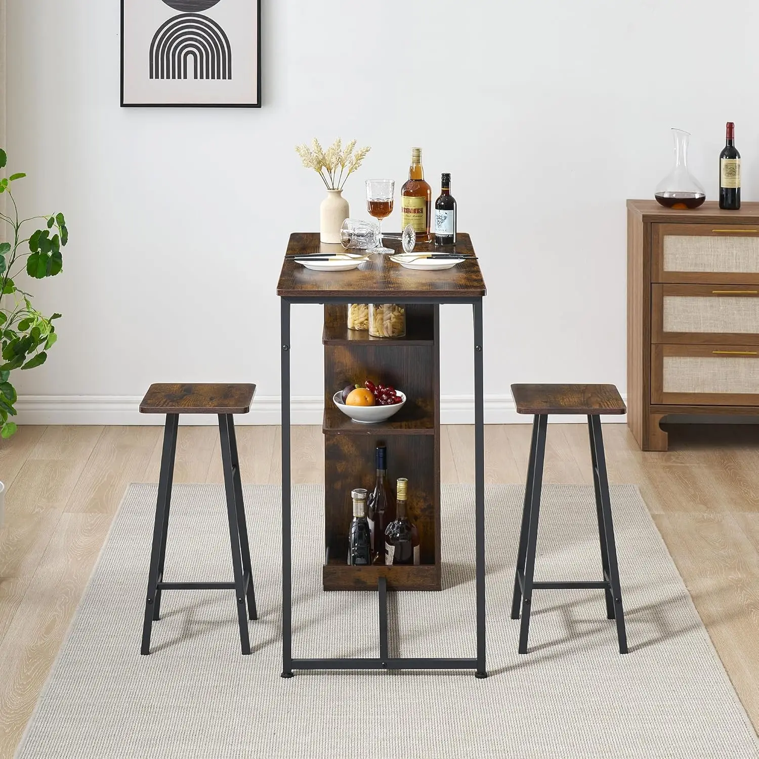 Bar Table And Chairs Set Of 2 Kitchen Dining Table Set With Storage Shelves 3 Piece Counter Height Small Dining Table Set