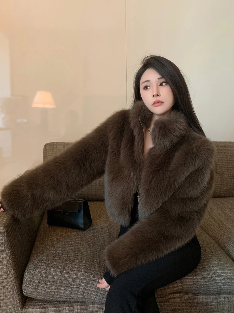 2024 Women Stand Collar Zipper Plush Faux Fur Jacket Winter New Korean Advanced Sense Fashion High Street Versatile Short Coat