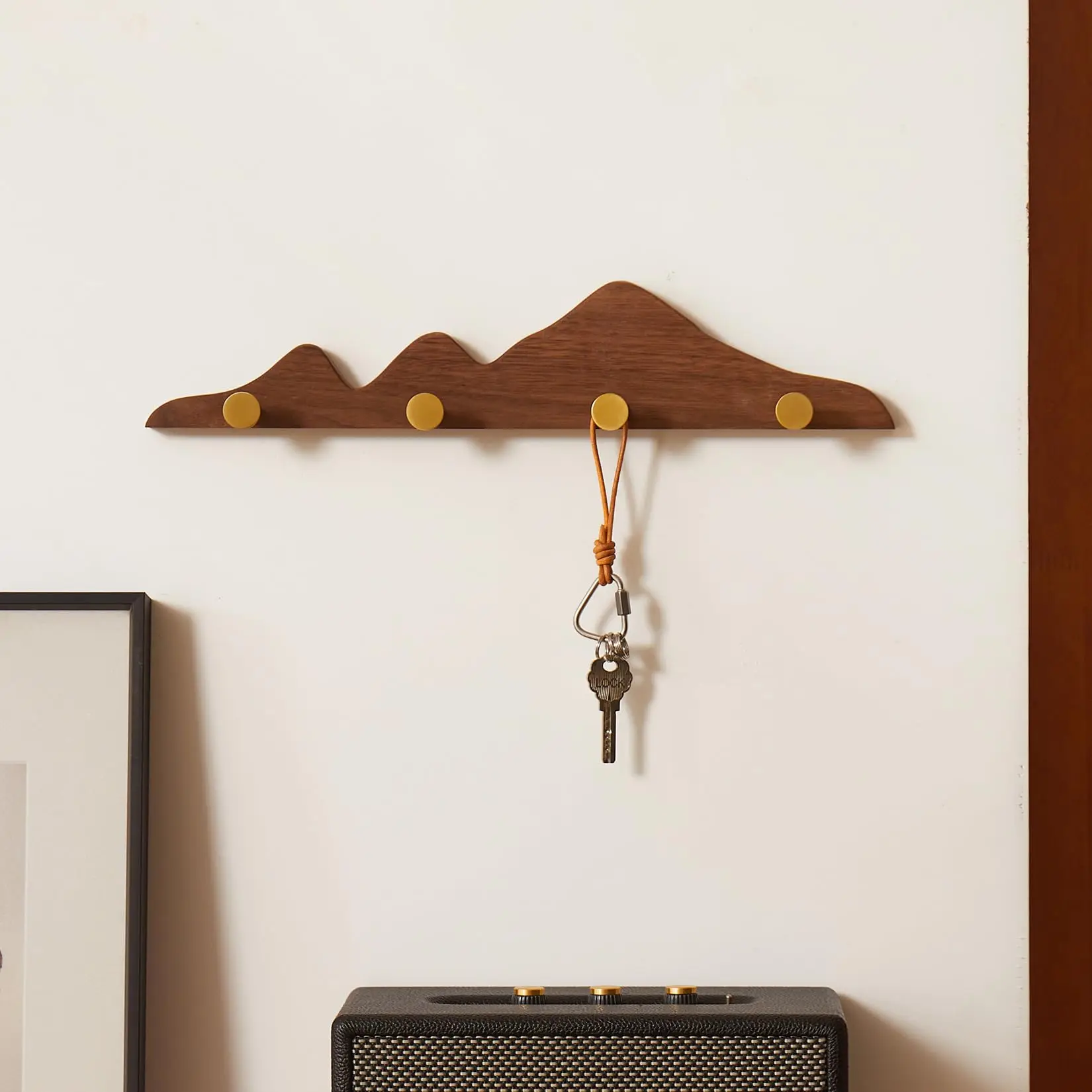 

Walnut Wood Wall Hook With 4 Brass Hooks Mountain Shape Entryway Organizer