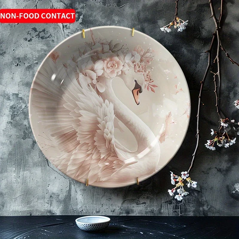 1pc Elegant Day Swan Floral Ceramic Decorative Plate - Non-Food Contact Hand-Painted Artistic Home Decor for Living Room,