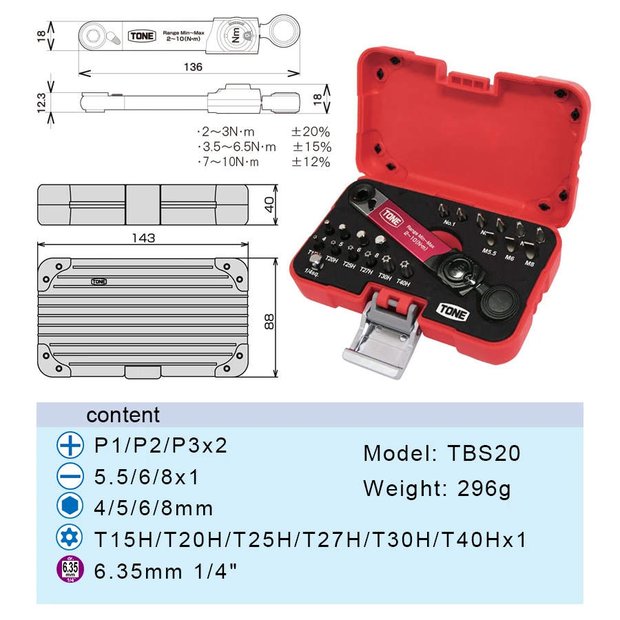 TONE TBS20 Torque Bit Ratchet Set 21Pcs with Bit Insertion (2-10N) Mutifunctional Torque Screwdriver Set Made in Japan