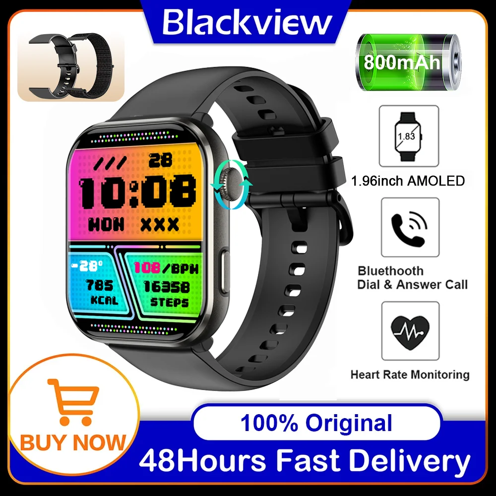 2025 Blackview R60 Smartwatch 1.96 ''AMOLED HD عرض للرجال النساء الصحة اللياقة البدنية مراقبة بلوتوث الرياضة ساعة ذكية