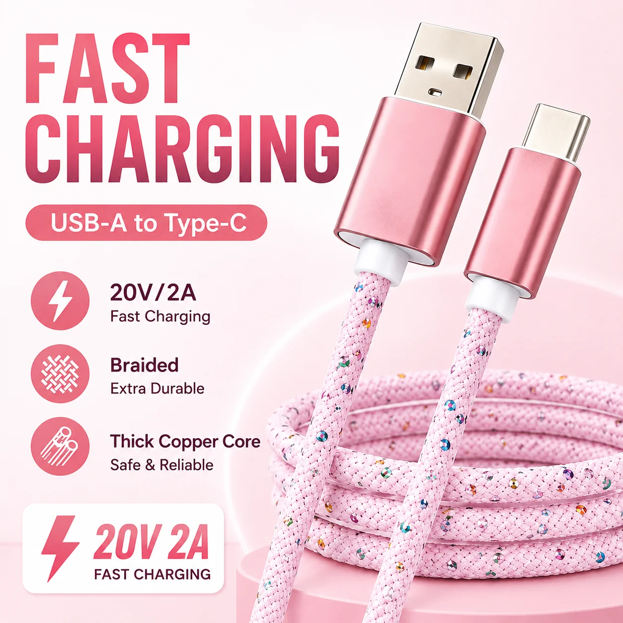 Cabo de Carregamento USB A para Tipo C 40W 3M 9.8FT em Nylon Trançado, Cabo Carregador USB C para Sincronização Rápida de Dados para Telefone, Tablet, Laptop, Rosa