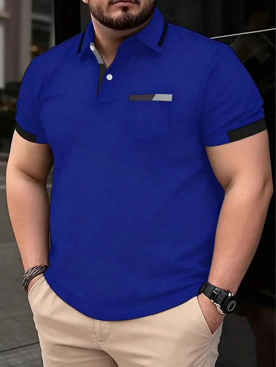 

Plus Size Men's Royal Blue Casual Polo Shirt with Contrast Trim