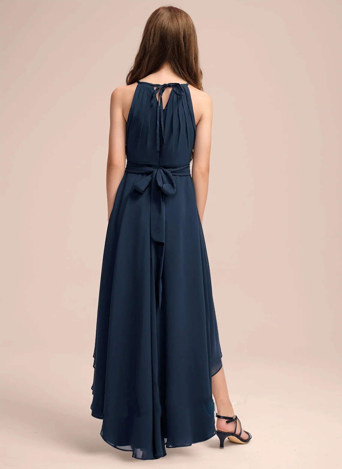 A Line Halter Asymmetrical Chiffon Junior Bridesmaid Dress With Bow Pleated Evening Dress New Elegant Banquet Gowns