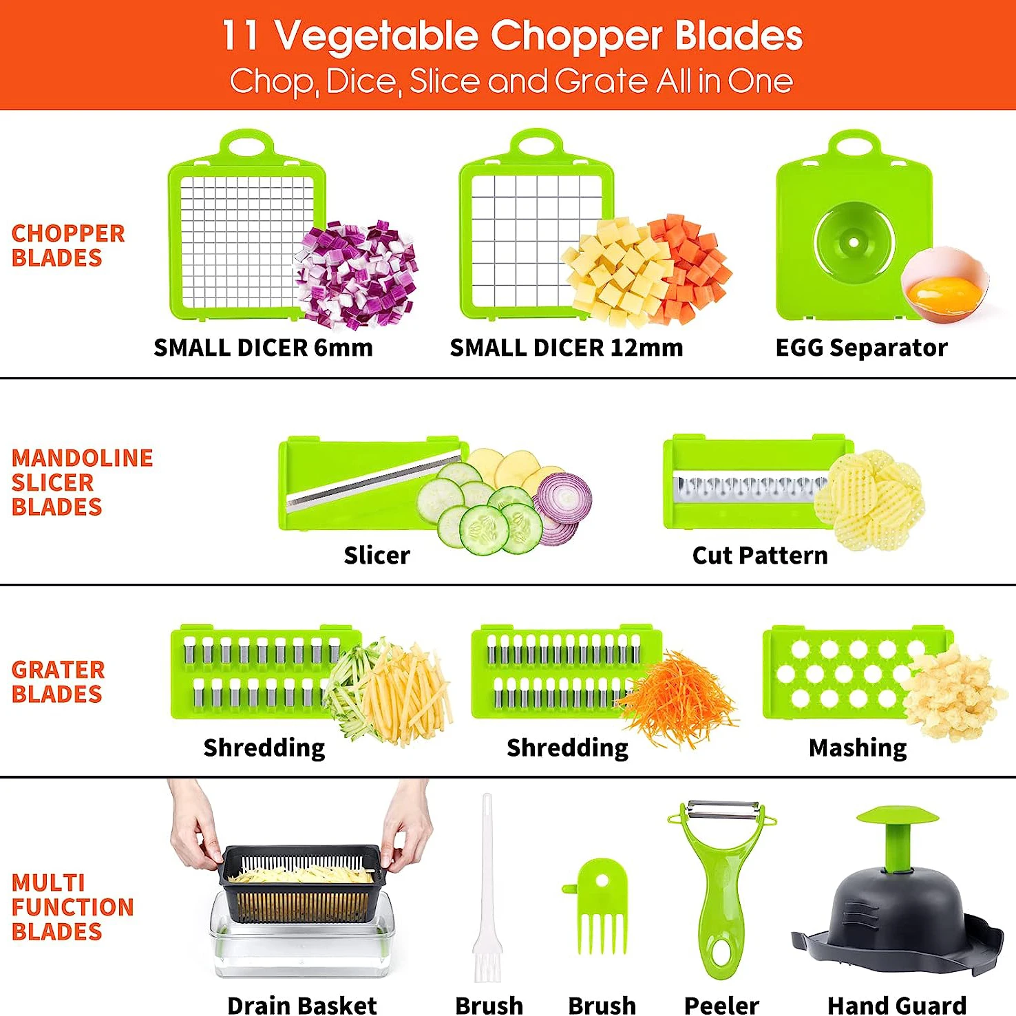 Professional Vegetable Cutter with Filter Basket, Onion Chopper, Carrot Potato Shredders, Garlic Grater, Kitchen Gadget, 12 in 1