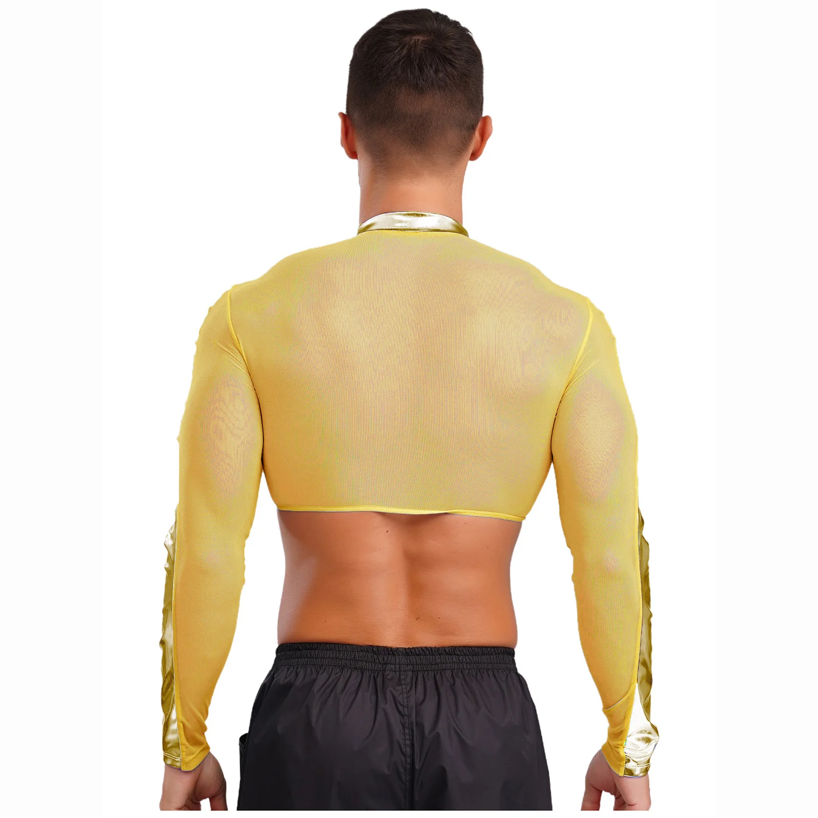 Men Crew Neck Long Sleeves Front Zipper Half Tops Breathable See Through Mesh Slim Fit Tops Shiny Metallic Glitter Top Club Wear