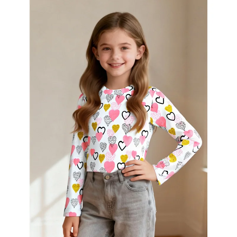 

Girls' Long Sleeve T-Shirt 2026 Cute Colorful Heart Print Casual Fashionable Top for Children