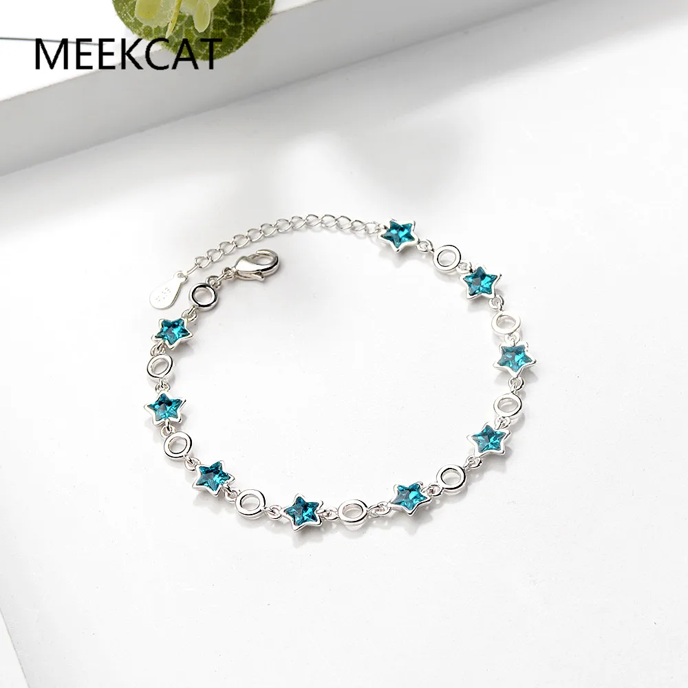 

925 Sterling Silver Blue Topaz Gemstone Star Bracelet Adjustable Chain Link for Women Party Fine Jewelry Birthday Gift