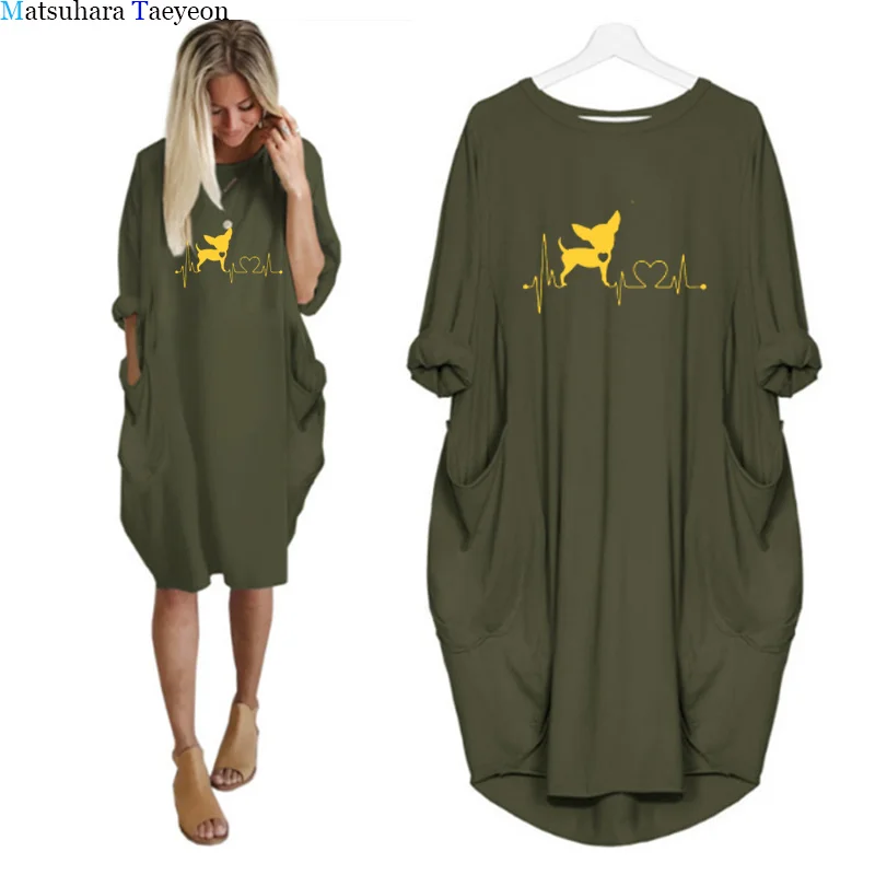 Women Clothing Casual Loose Pockets Long Sleeve Dress Large Size Heartbeat Chihuahua Dog Lovers Girlfriend Gift Women Dresses