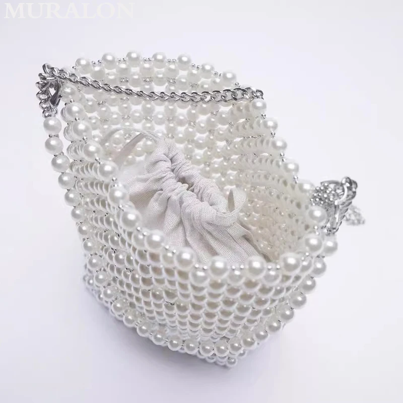 Pearl Beaded Bucket Bag White Beaded Fairy Portable Messenger Bags Niche Crossbody Chain Bag Purses Lipstick Phone Coin Wallet