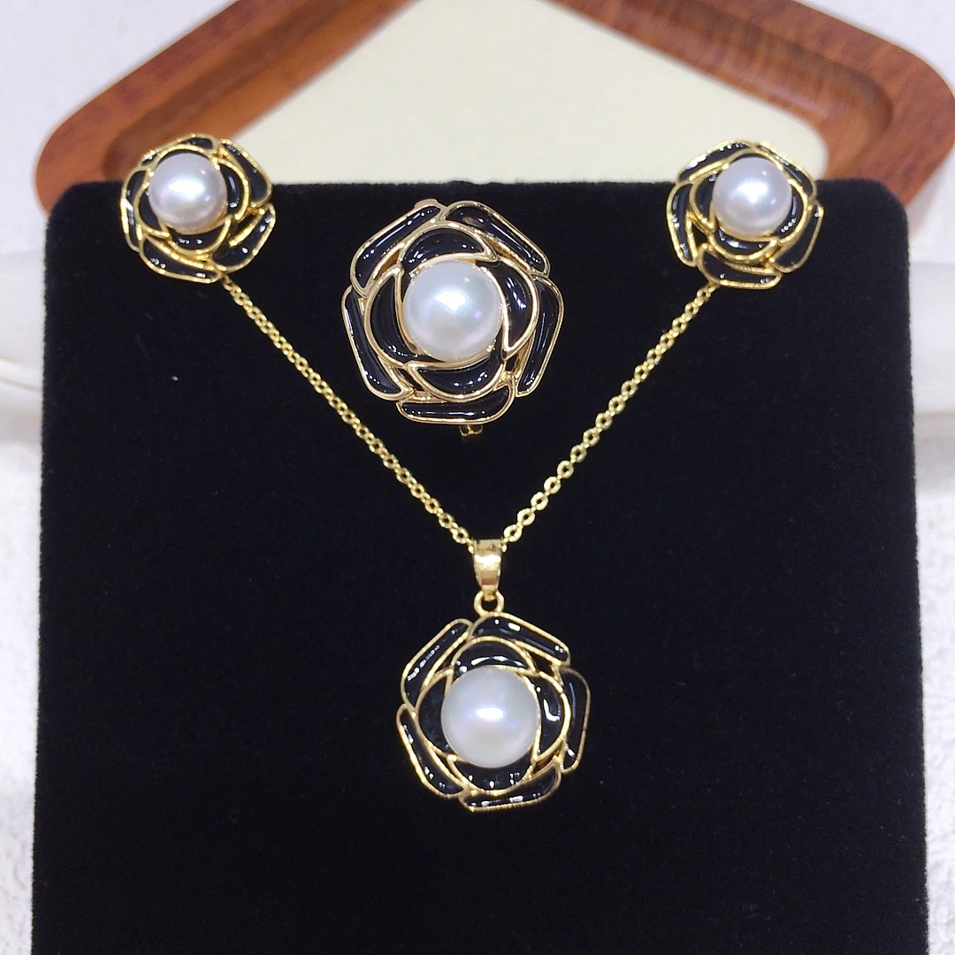 

ZHBORUINI Freshwater Pearl Jewelry Set Earrings Rings Pendants Classic Black Camellia Elegant Intellect Gift For Ladies