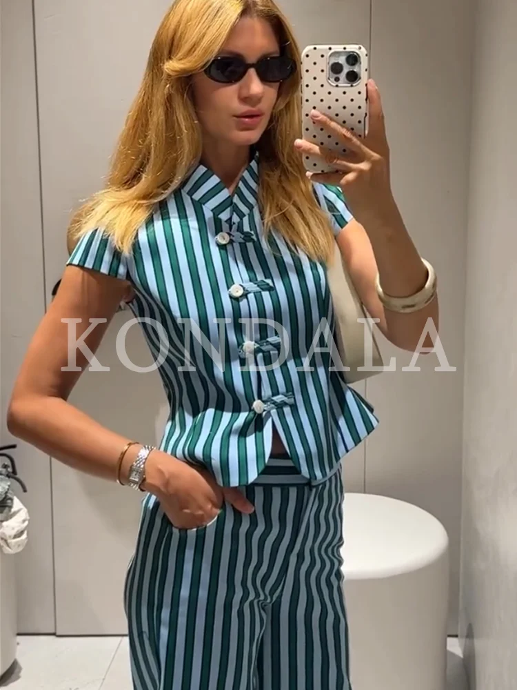 KONDALA Damen Schickes Gestreiftes Hosen-Set 2026 Sommer Trendiges High-Street-Urlaubsset Elegante Freizeit-Hemden mit Seilknöpfen, Lange Hosen – Detail 4