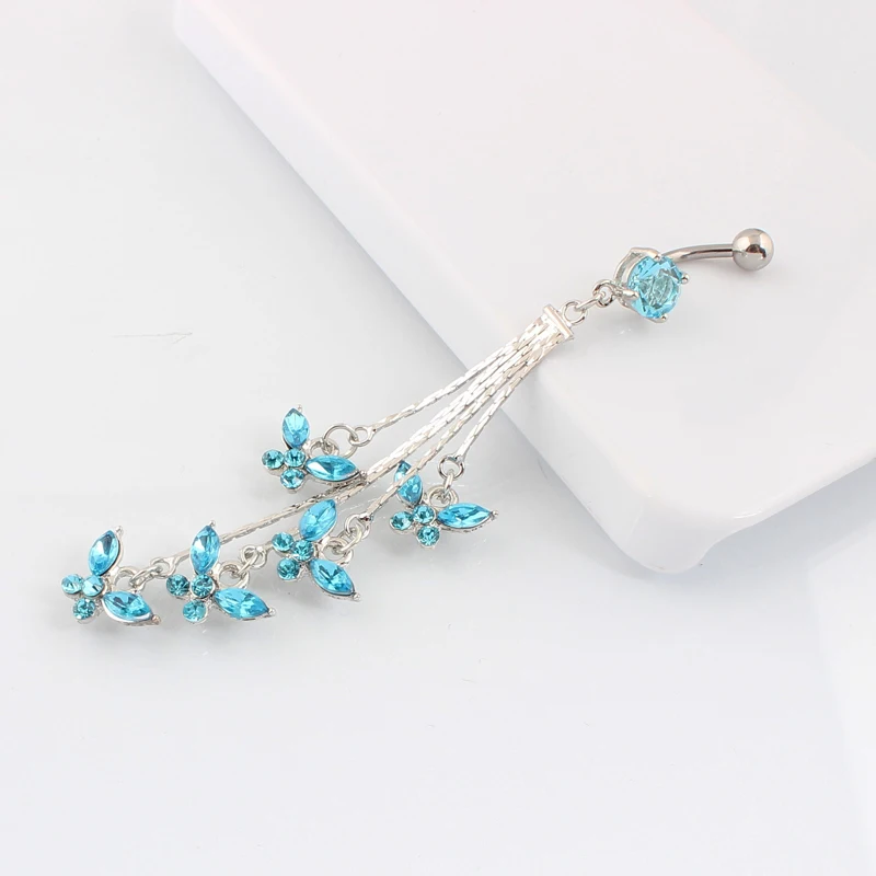 Crystal Tassel Butterfly Navel Bar Body Piercing Belly Button Ring  Fashion Navel Ring 14G 316L Surgical Steel Bar Nickel-free