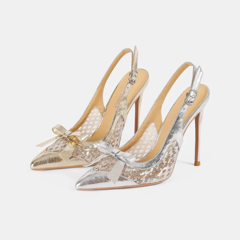 35-46 size extra large Elegant Sophisticated Women's Stiletto Sandals Hollow-Out Woven Bow-Tie Pointed High Heels Shoes