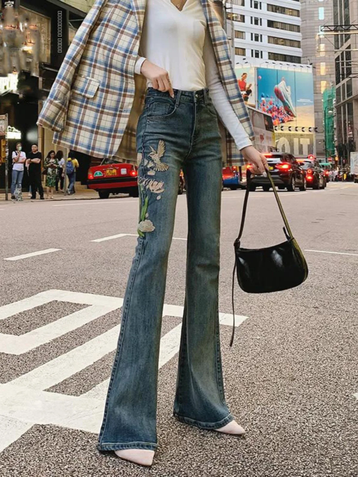 

High Waist Bell Bot Embroidered Denim Jeans Women's Slim Fit Elastic Slimming Micro Flared Pants Drapey Long Trousers