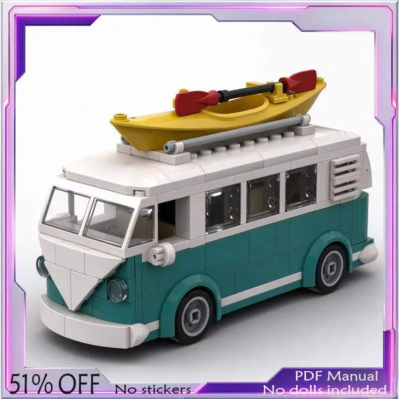 310PCS Retro Camper Van Model Building Blocks Set Turquoise Classic Beach Kayak Paddle Roof Rack Creative Display Decor Gift