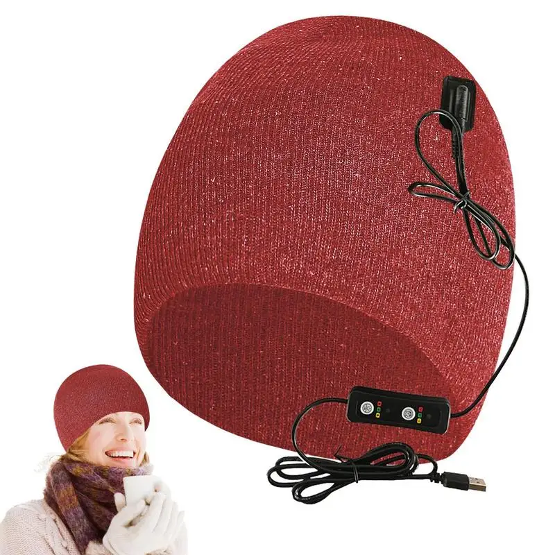 

Knitted Thermal Beanie Hat Men Women 3 Levels Adjustable USB Heating Caps Windproof Rechargeable Washable For Outdoor Sport Ski