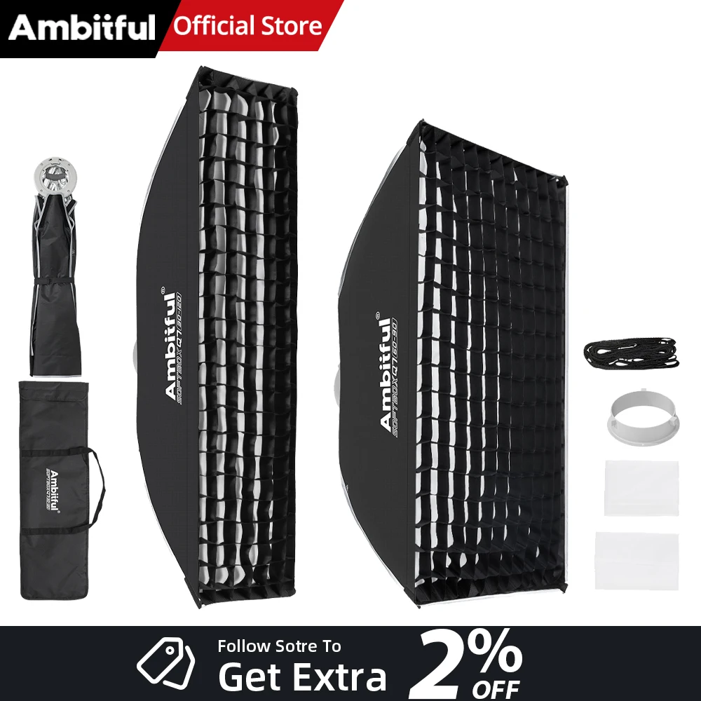 AMBITFUL 30*120cm 60*90cm Boîte à lumière en forme de bande avec monture Bowens, grilles latérales, Mattbox ouvert, pour photographie, montage rapide, studio Q7