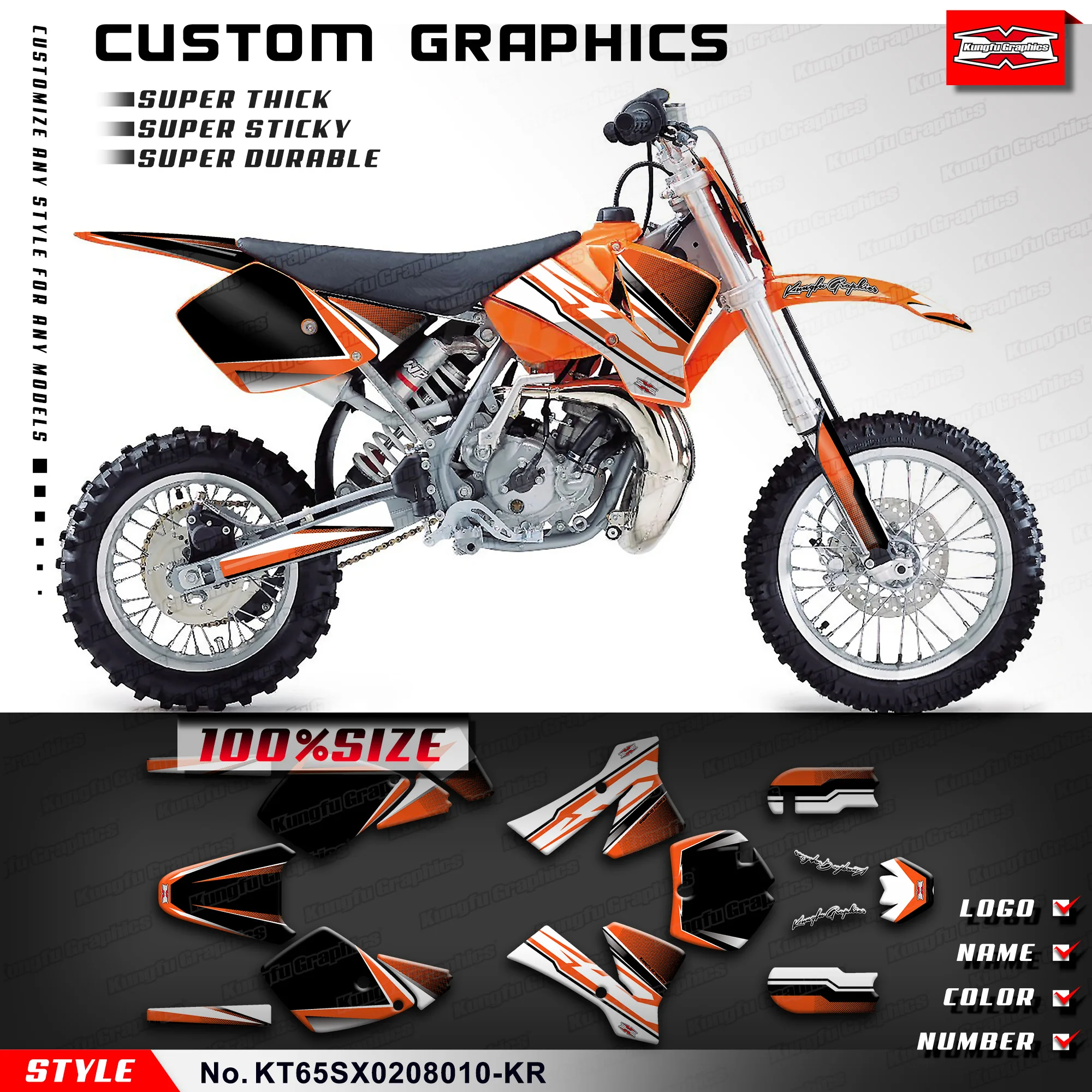 

KUNGFU GRAPHICS Dirt Bike Decals Sticker Sheet for KTM 65 SX 2002 2003 2004 2005 2006 2007 2008 Refurbish, KT65SX0208010-KR